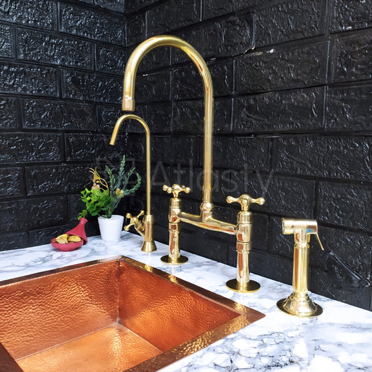Unlacquered Brass Bridge Kitchen Faucet with Sprayer, Cold Water Tap, and Cross Handles - Ref: APC-88