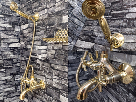 Antique Brass Shower System with Bath Faucet, Handheld Shower, and 3 Handles - Ref: ATLASS25