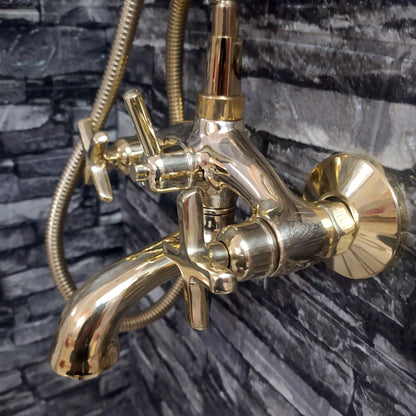 Antique Brass Shower System with Bath Faucet, Handheld Shower, and 3 Handles - Ref: ATLASS25