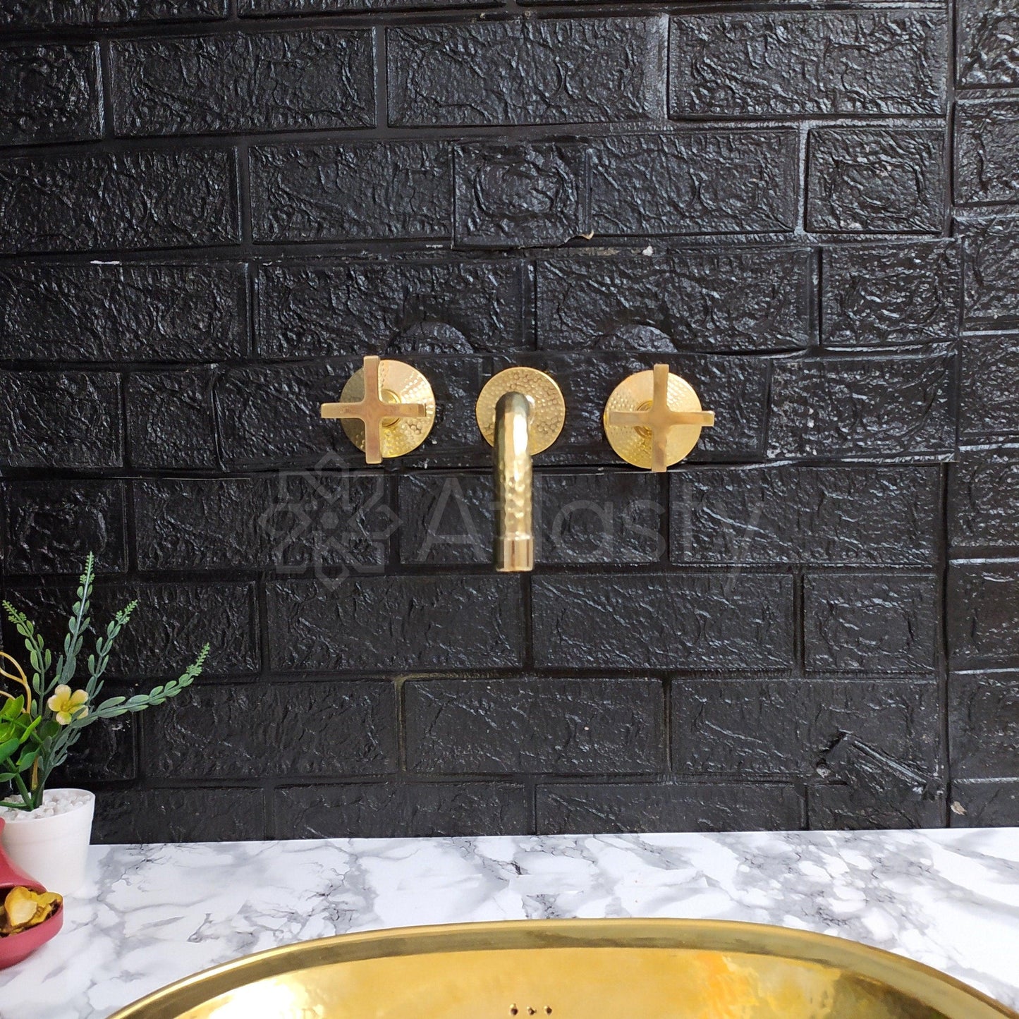 Unlacquered Brass Hammered Wall Mounted Bathroom Faucet - Vessel Sink Faucet with Cross or Lever Handles