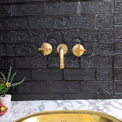 Unlacquered Brass Hammered Wall Mounted Bathroom Faucet - Vessel Sink Faucet with Cross or Lever Handles