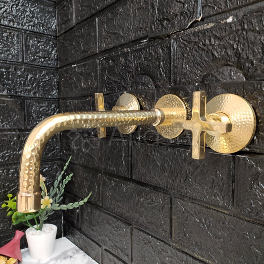 Unlacquered Brass Hammered Wall Mounted Bathroom Faucet - Vessel Sink Faucet with Cross or Lever Handles