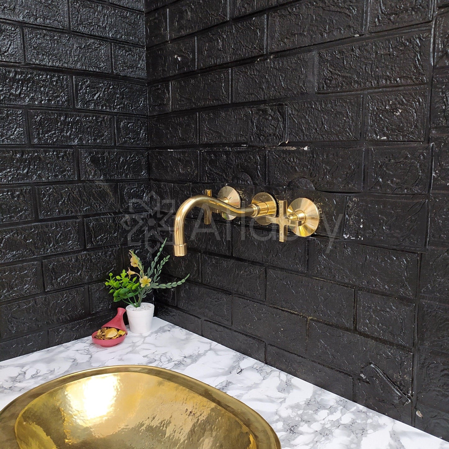 Unlacquered Brass Gooseneck Wall Faucet, Hot and Cold Bathroom Faucet With Traditional Handles
