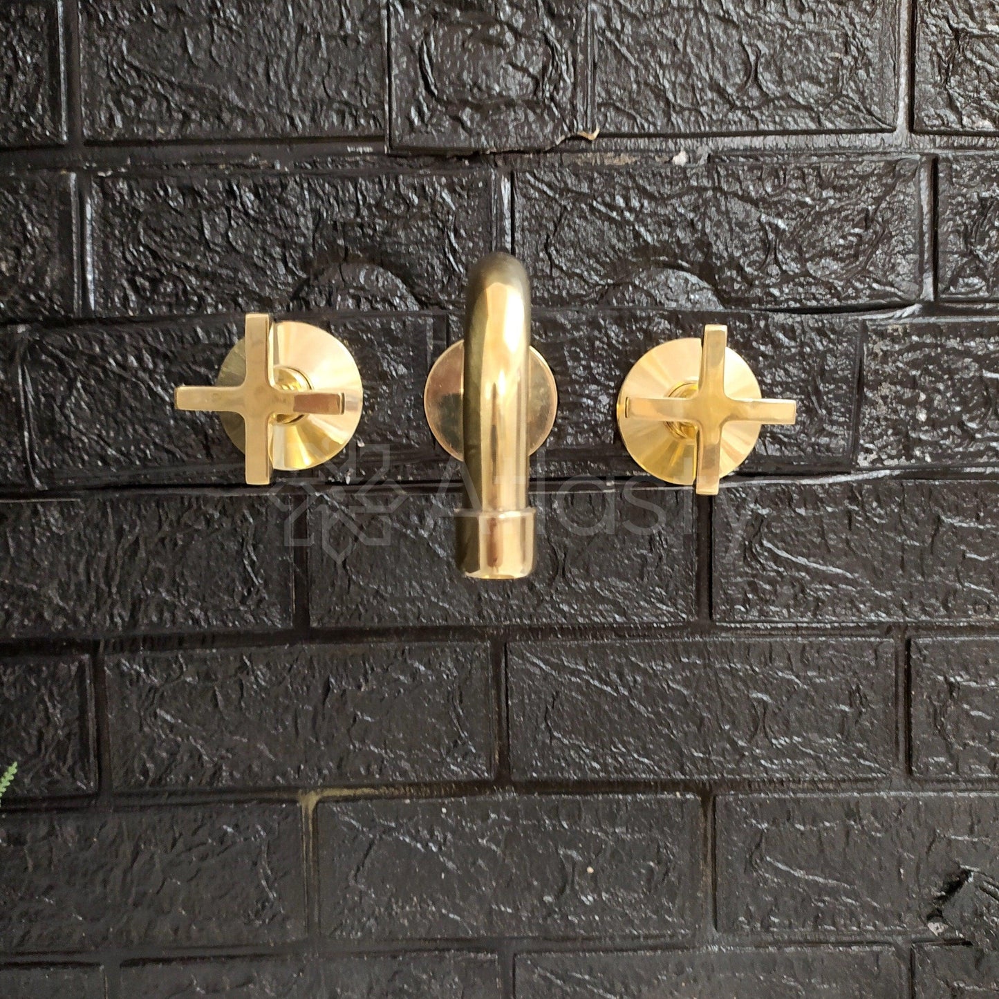 Unlacquered Brass Gooseneck Wall Faucet, Hot and Cold Bathroom Faucet With Traditional Handles