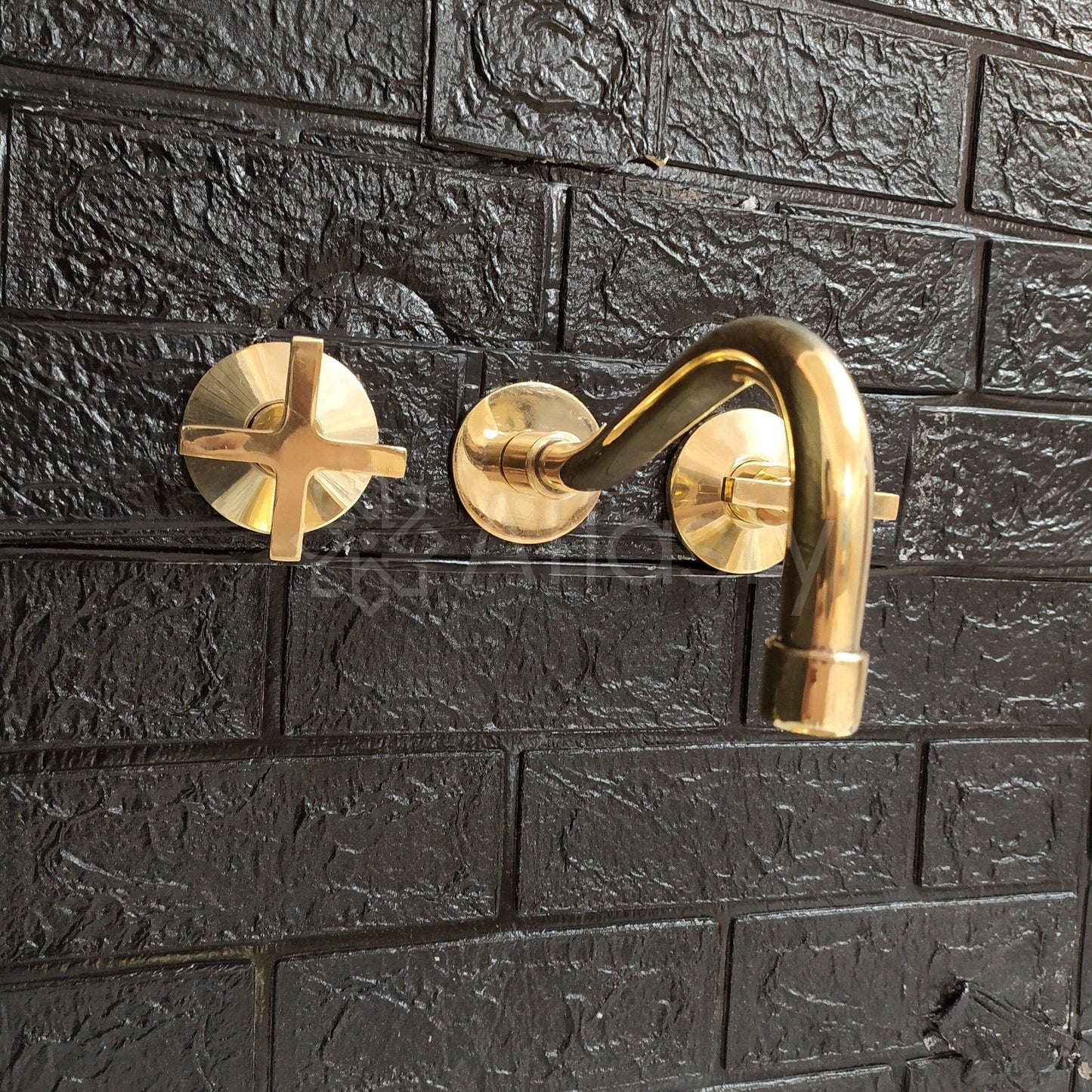Unlacquered Brass Gooseneck Wall Faucet, Hot and Cold Bathroom Faucet With Traditional Handles