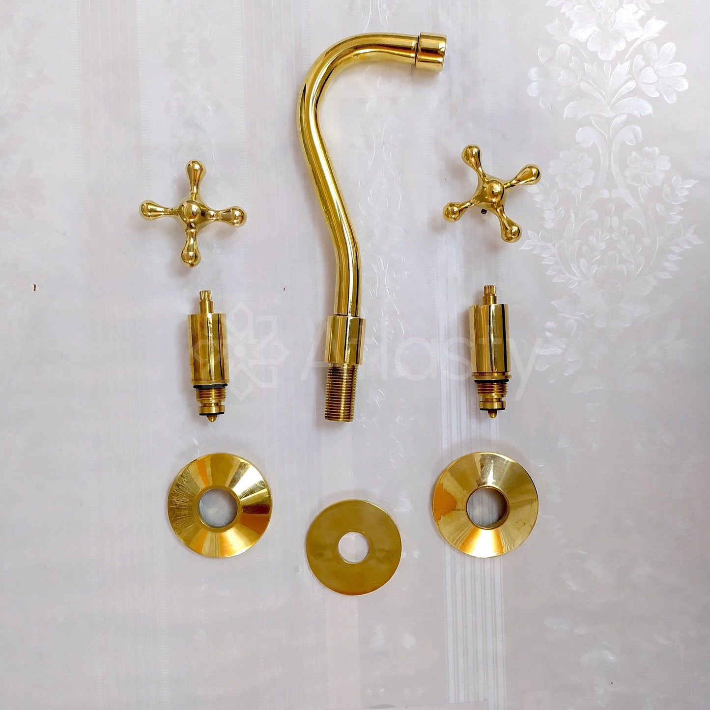 Unlacquered Brass Gooseneck Wall Faucet, Hot and Cold Bathroom Faucet With Traditional Handles