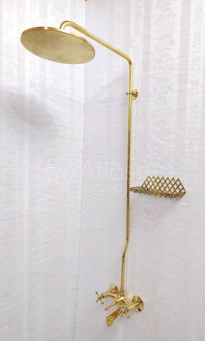 Antique Brass Shower System with Round Shower Head, Bath Faucet, and 3 Handles - Ref: ATLASS19