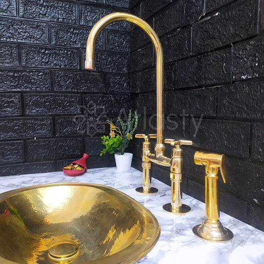 Unlacquered Brass Bridge Kitchen Faucet with Sprayer, Cold Water Tap, and Cross Handles - Ref: APC-84