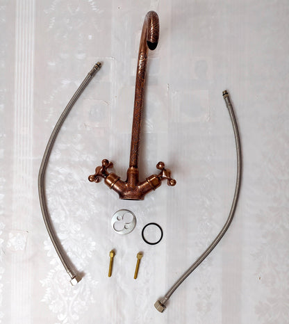 Engraved Curved Copper Bathroom Faucet with Cross Handles