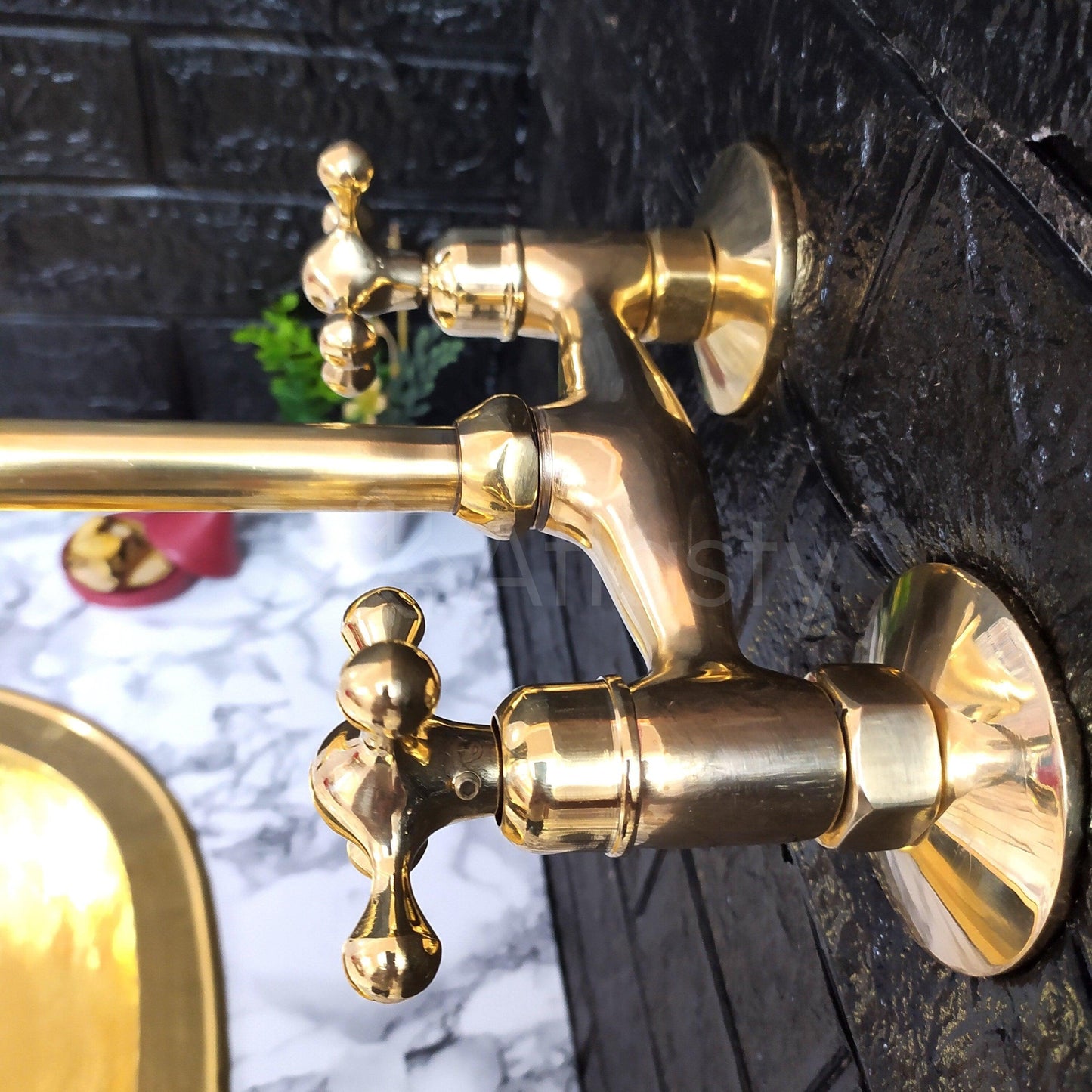 Unlacquered Brass Wall Mounted Bathroom Vessel Sink Faucet With Cross Handles