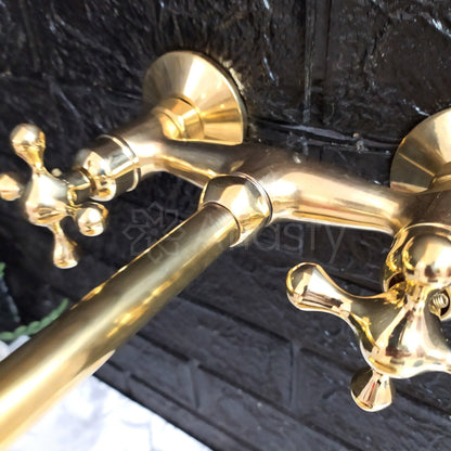Unlacquered Brass Wall Mounted Bathroom Vessel Sink Faucet With Cross Handles