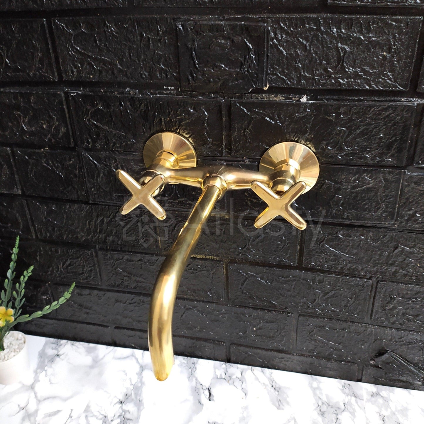 Unlacquered Brass Wall Mounted Bathroom Vessel Sink Faucet With Cross Handles