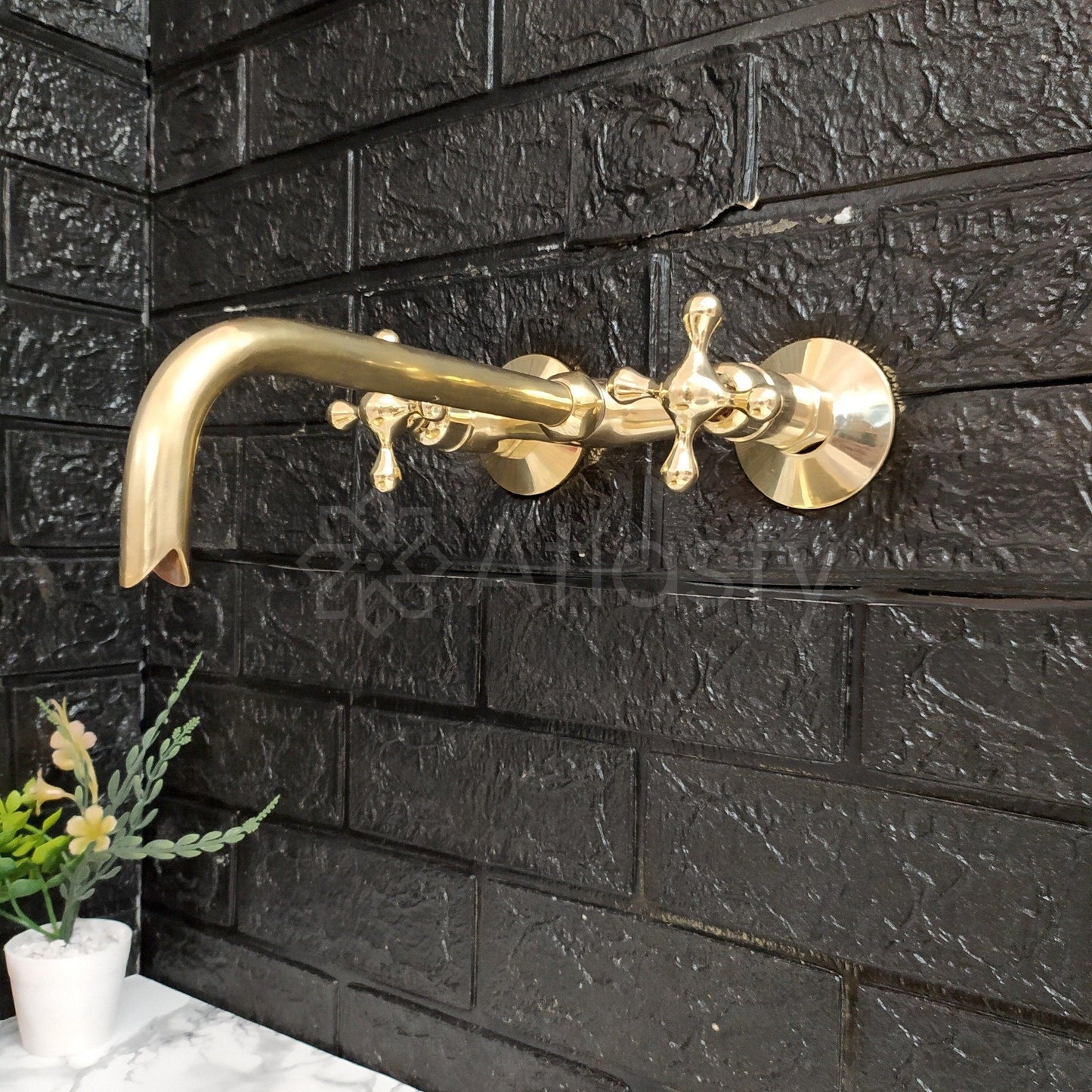 Unlacquered Brass Wall Mounted Bathroom Vessel Sink Faucet With Cross Handles