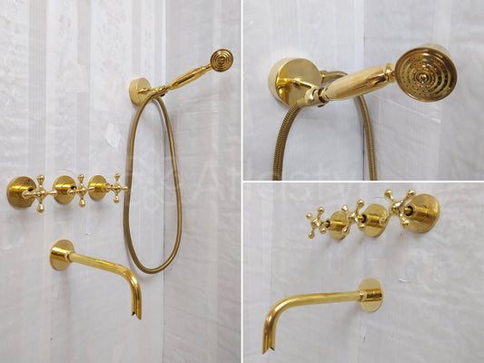 Antique Brass Shower System with Bath Faucet, Handheld Shower, and 3 Handles - Ref: ATLASS23