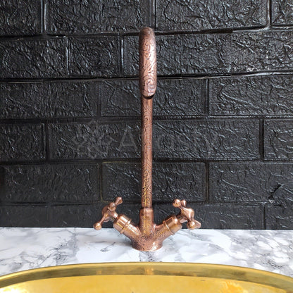 Engraved Curved Copper Bathroom Faucet with Cross Handles