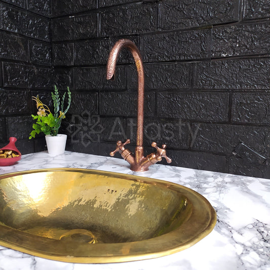 Engraved Curved Copper Bathroom Faucet with Cross Handles