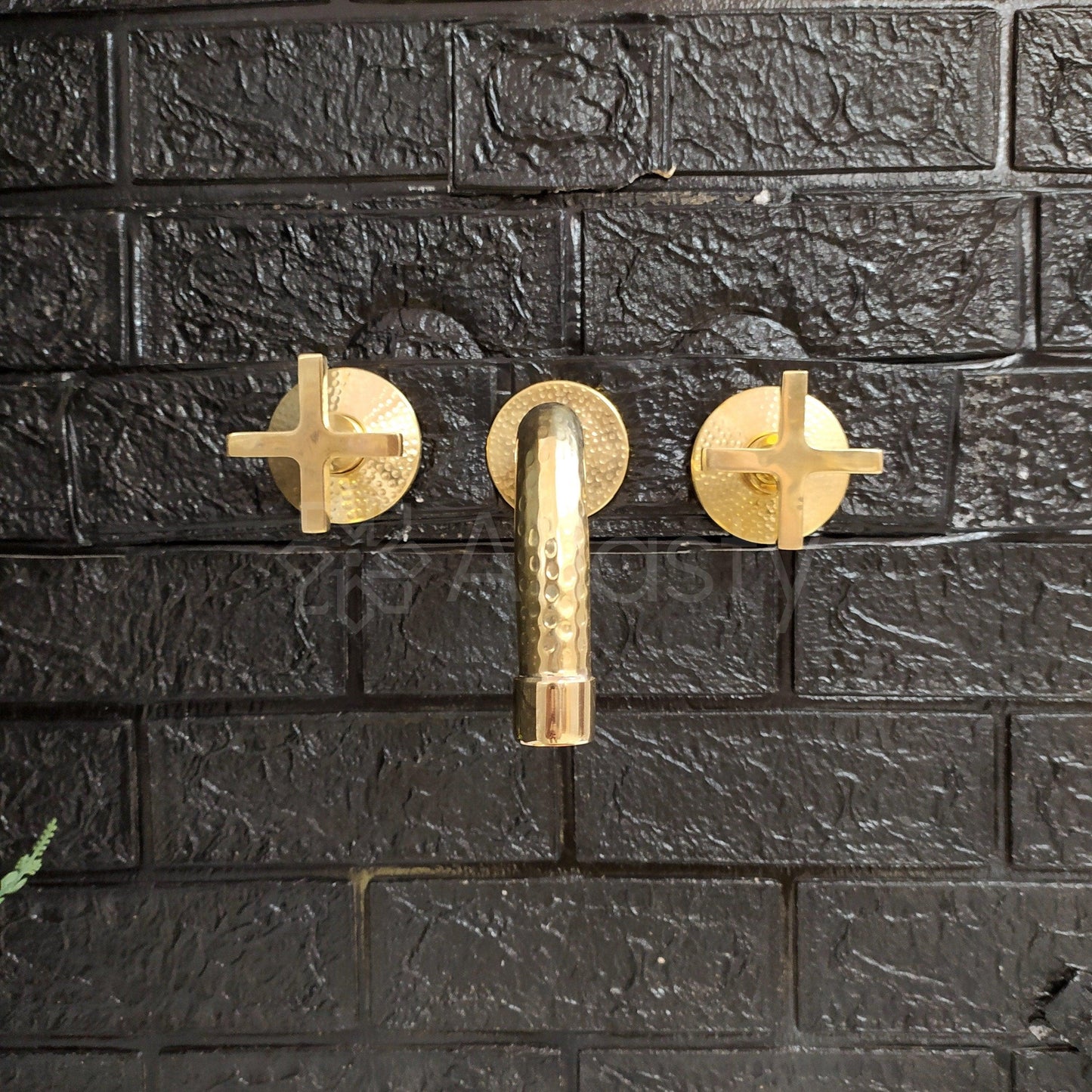 Unlacquered Brass Hammered Wall Mounted Bathroom Faucet - Vessel Sink Faucet with Cross or Lever Handles