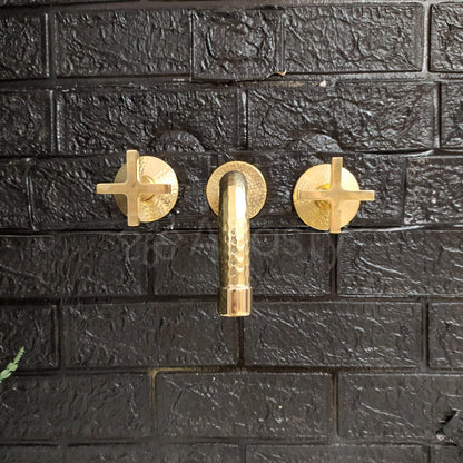 Unlacquered Brass Hammered Wall Mounted Bathroom Faucet - Vessel Sink Faucet with Cross or Lever Handles