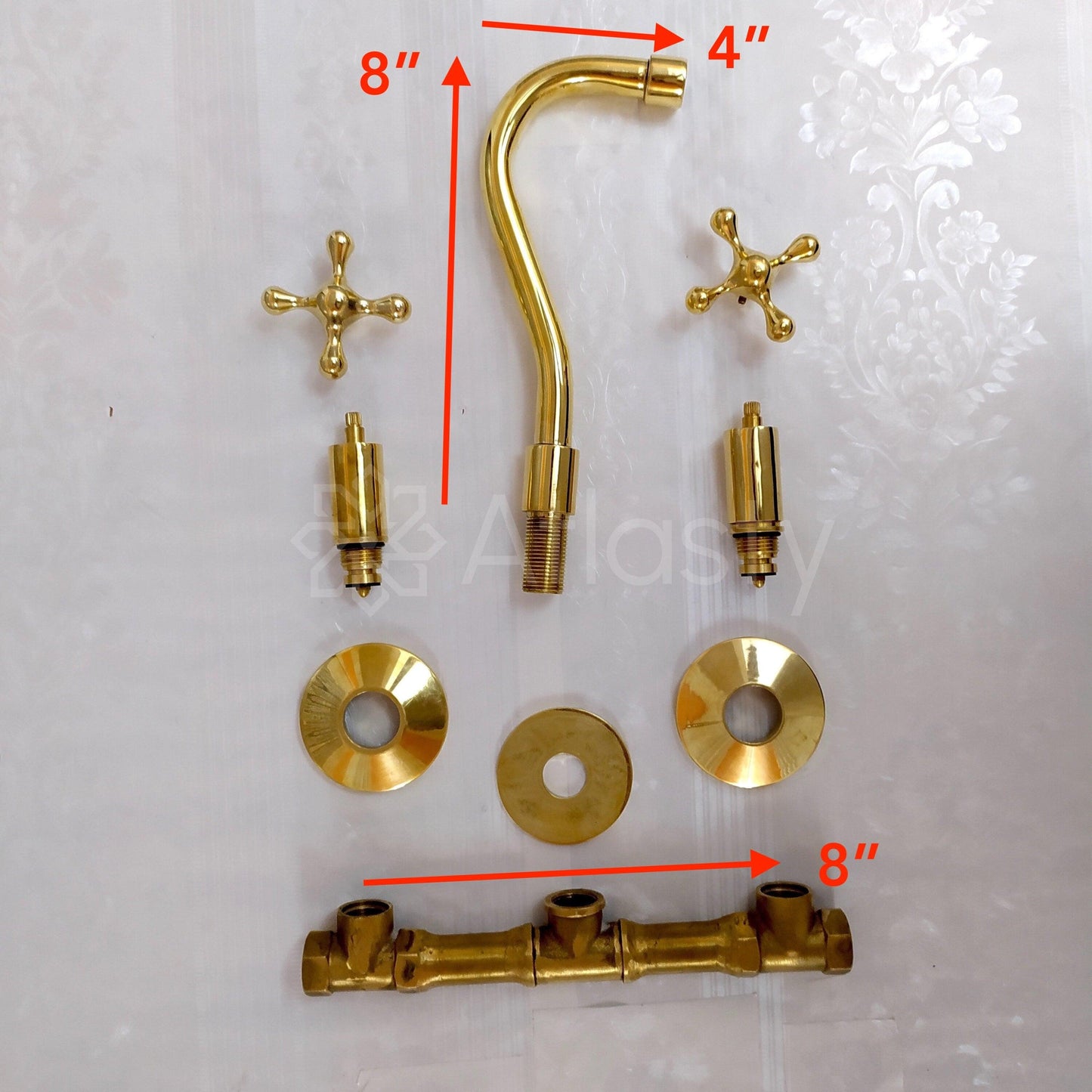 Unlacquered Brass Gooseneck Wall Faucet, Hot and Cold Bathroom Faucet With Traditional Handles