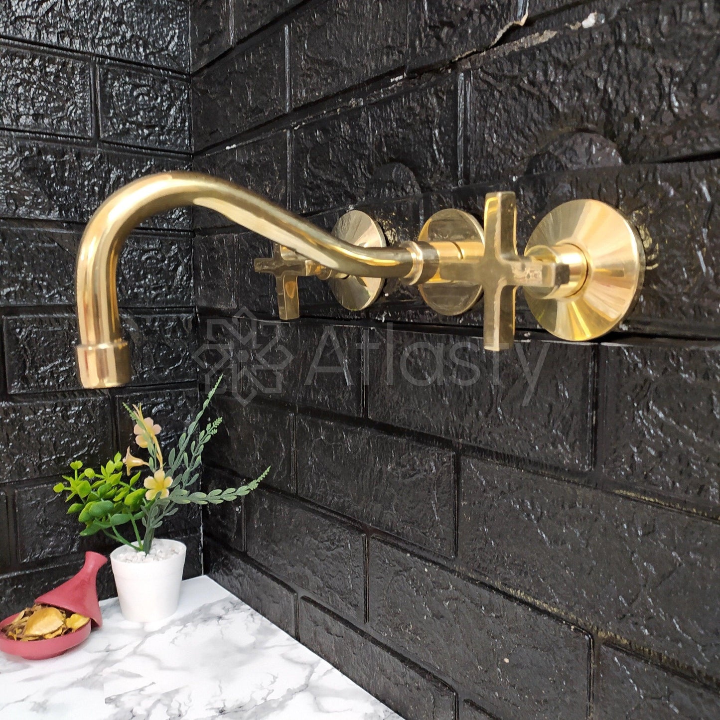 Unlacquered Brass Gooseneck Wall Faucet, Hot and Cold Bathroom Faucet With Traditional Handles