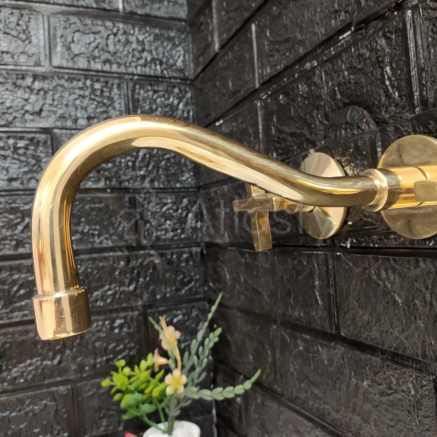 Unlacquered Brass Gooseneck Wall Faucet, Hot and Cold Bathroom Faucet With Traditional Handles