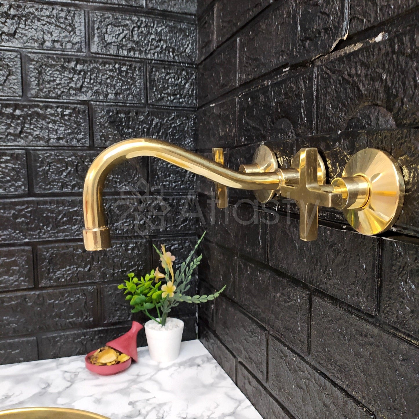 Unlacquered Brass Gooseneck Wall Faucet, Hot and Cold Bathroom Faucet With Traditional Handles