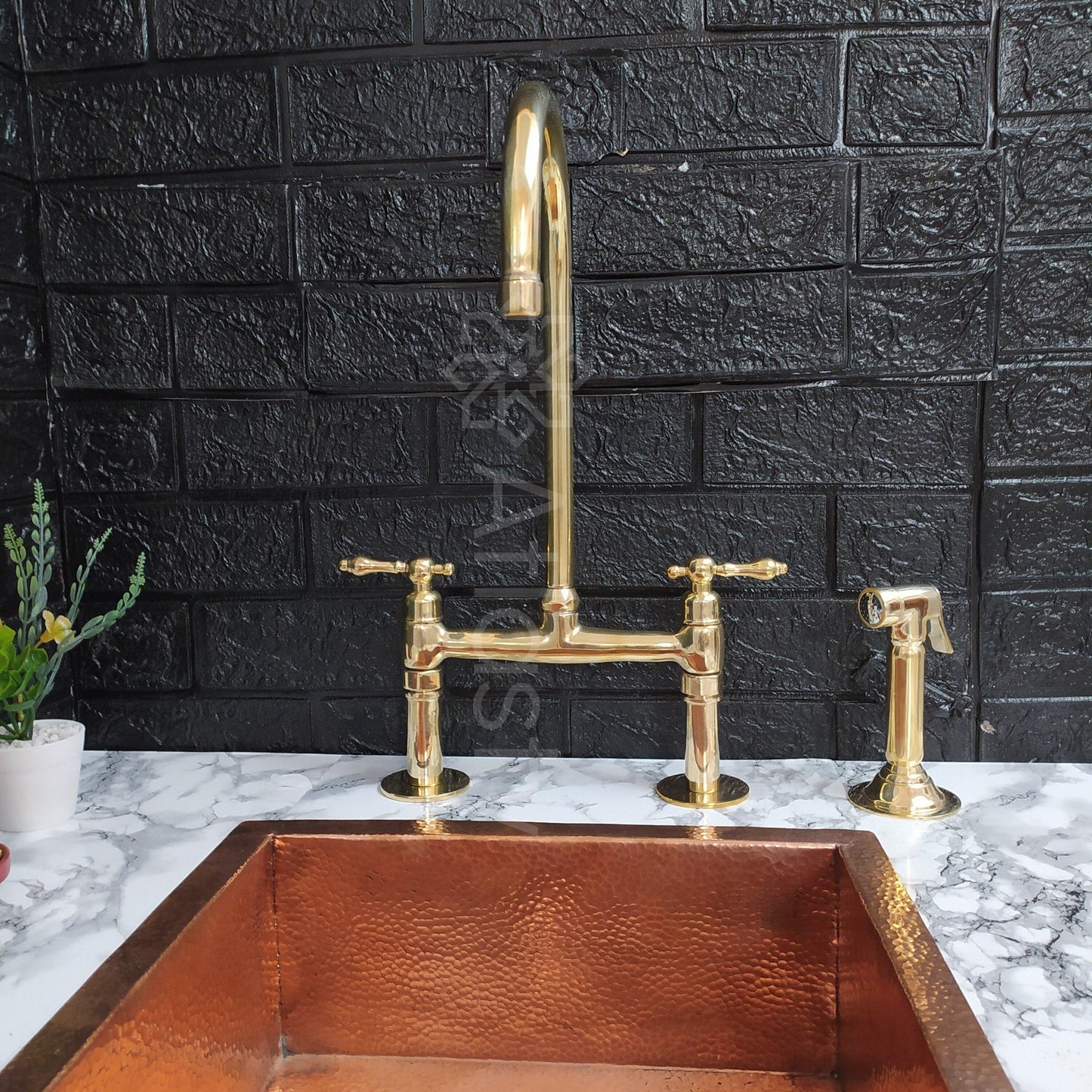 Unlacquered Brass Bridge Kitchen Faucet with Sprayer,  and Lever Handles - Ref: APL-98