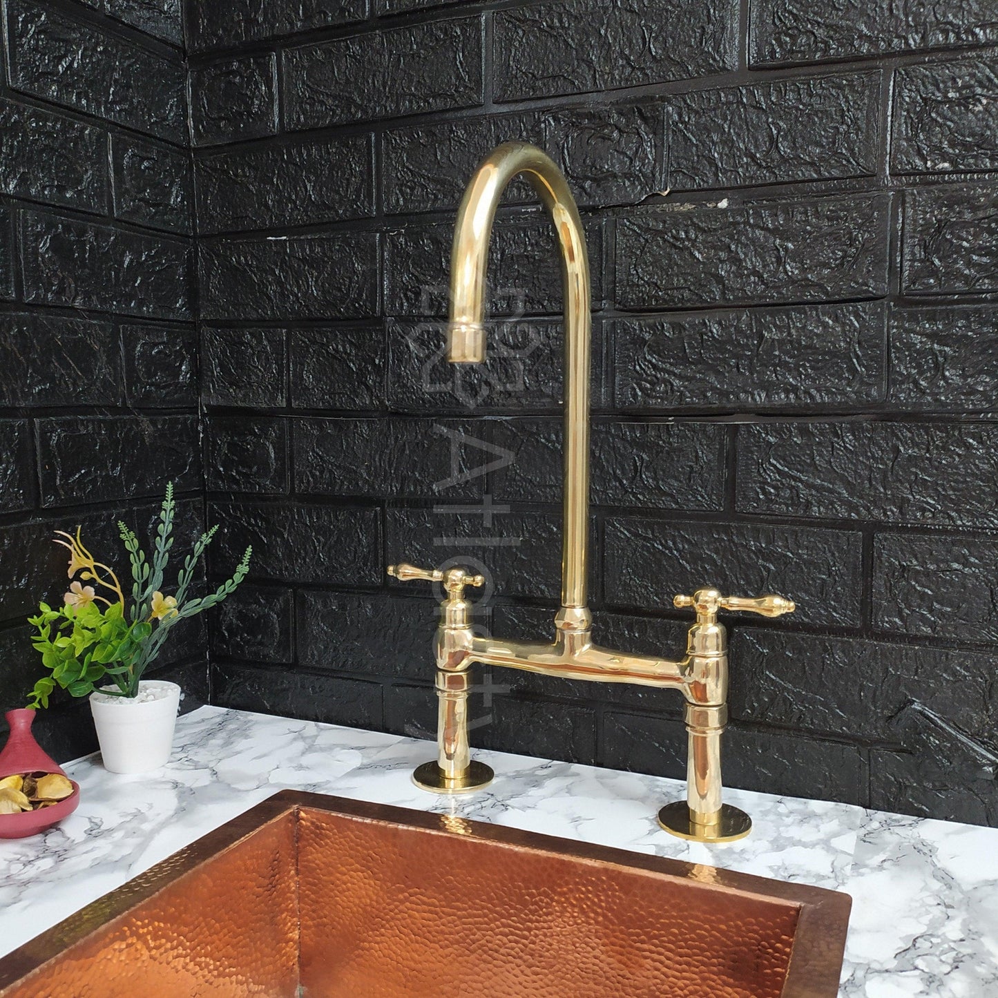 Unlacquered Brass Bridge Kitchen Faucet with Sprayer,  and Lever Handles - Ref: APL-98