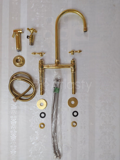 Unlacquered Brass Bridge Kitchen Faucet with Sprayer,  and Lever Handles - Ref: APL-98