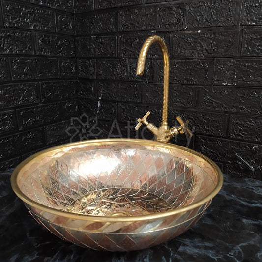 Engraved Round Brass Sink, Vintage Engraved Vessel Sink for Bathrooms