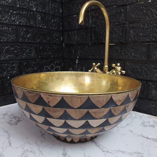Bathroom Sink created from Brass and Resin, Black and Brown Pattern, Vanity Vessel Sink
