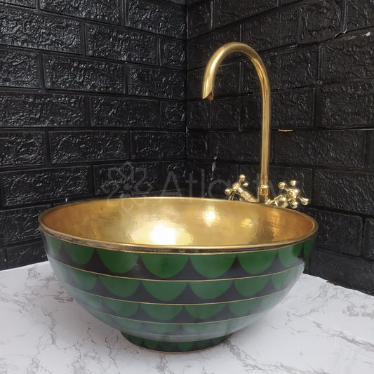 Bathroom Sink created from Brass and Resin, Black and Green Pattern, Vanity Vessel Sink