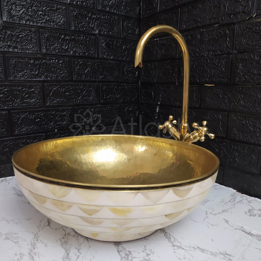 Bathroom Sink created from Brass and Resin, White Pattern, Vanity Vessel Sink