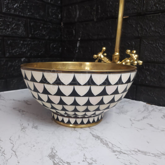 Bathroom Sink created from Brass and Resin, Black and White Pattern, Vanity Vessel Sink