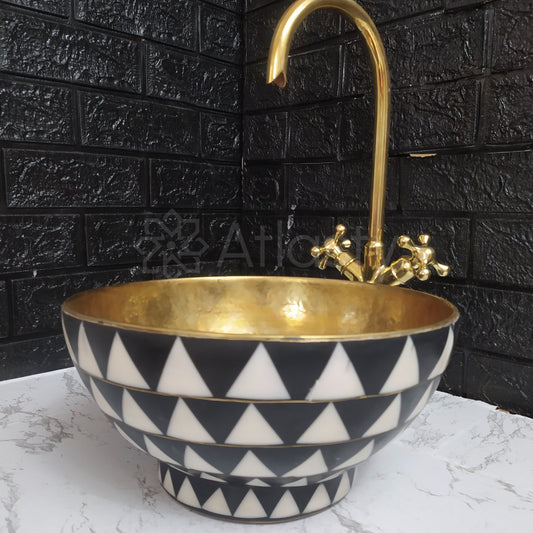 Bathroom Sink created from Brass and Resin, Black and White Pattern, Vanity Vessel Sink