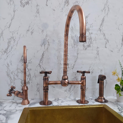 Copper Bridge Faucet | Shiny Copper Tap with Cross Handle | Copper Sprayer & Filtered Water Tap | Copper Antique Faucet | Kitchen Faucet