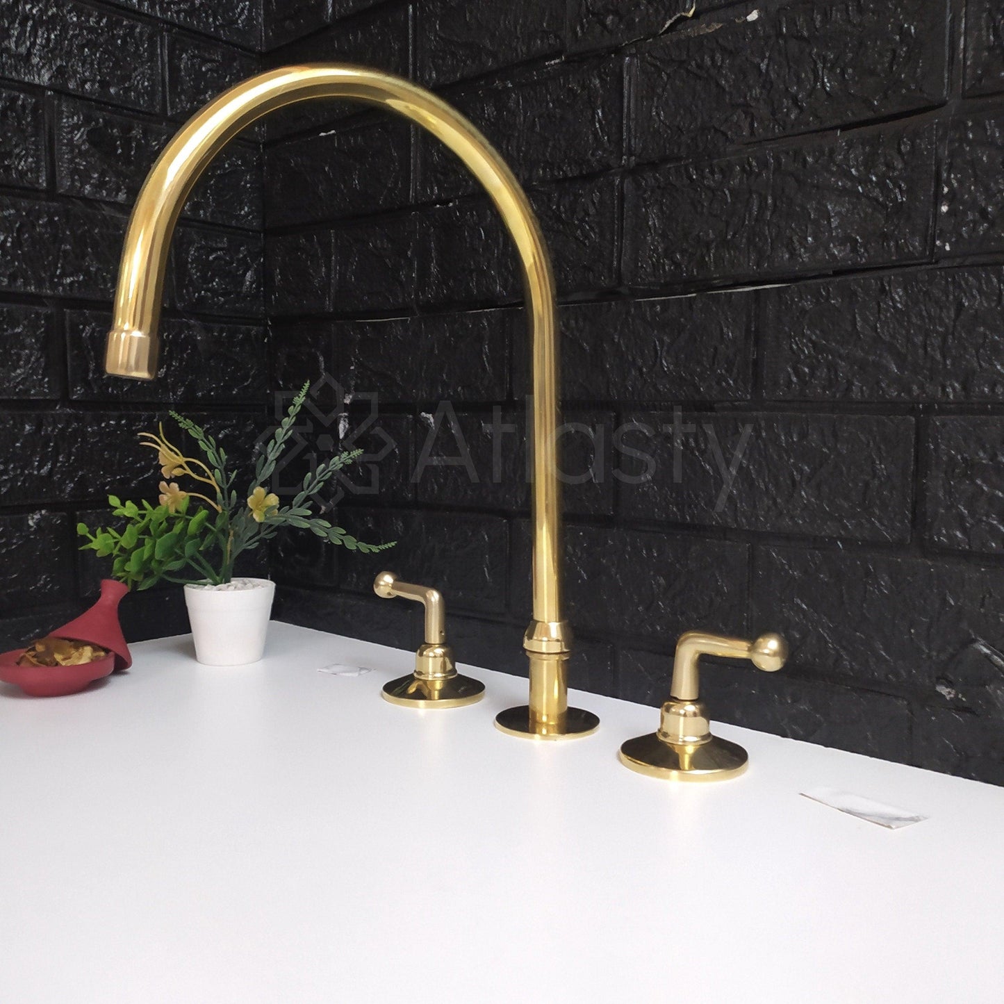 Unlacquered Brass 3 Holes Faucet | Deck Mounted Faucet | Lever Handles | Swivel Spout | Sprayer & Filtered Water Tap | Gold Antique Faucet