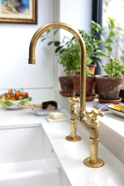 Unlacquered Brass Bridge Kitchen Faucet with Sprayer, and Cross Handles - Ref: APC-86