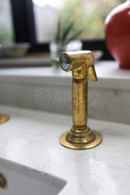 Unlacquered Brass Bridge Kitchen Faucet with Sprayer, and Cross Handles - Ref: APC-86