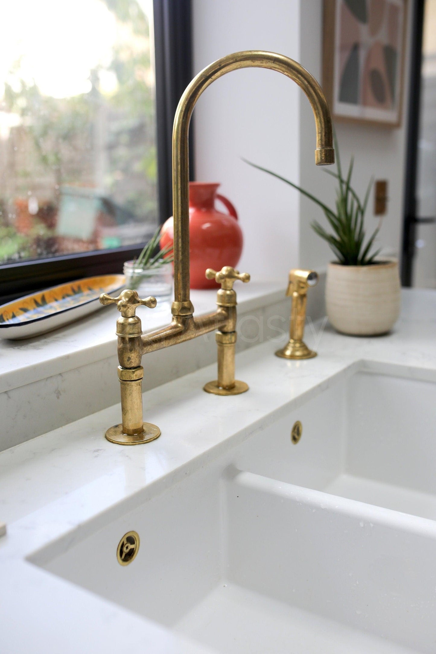 Unlacquered Brass Bridge Kitchen Faucet with Sprayer, and Cross Handles - Ref: APC-86