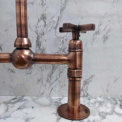 Copper Bridge Faucet | Shiny Copper Tap with Cross Handle | Copper Sprayer & Filtered Water Tap | Copper Antique Faucet | Kitchen Faucet
