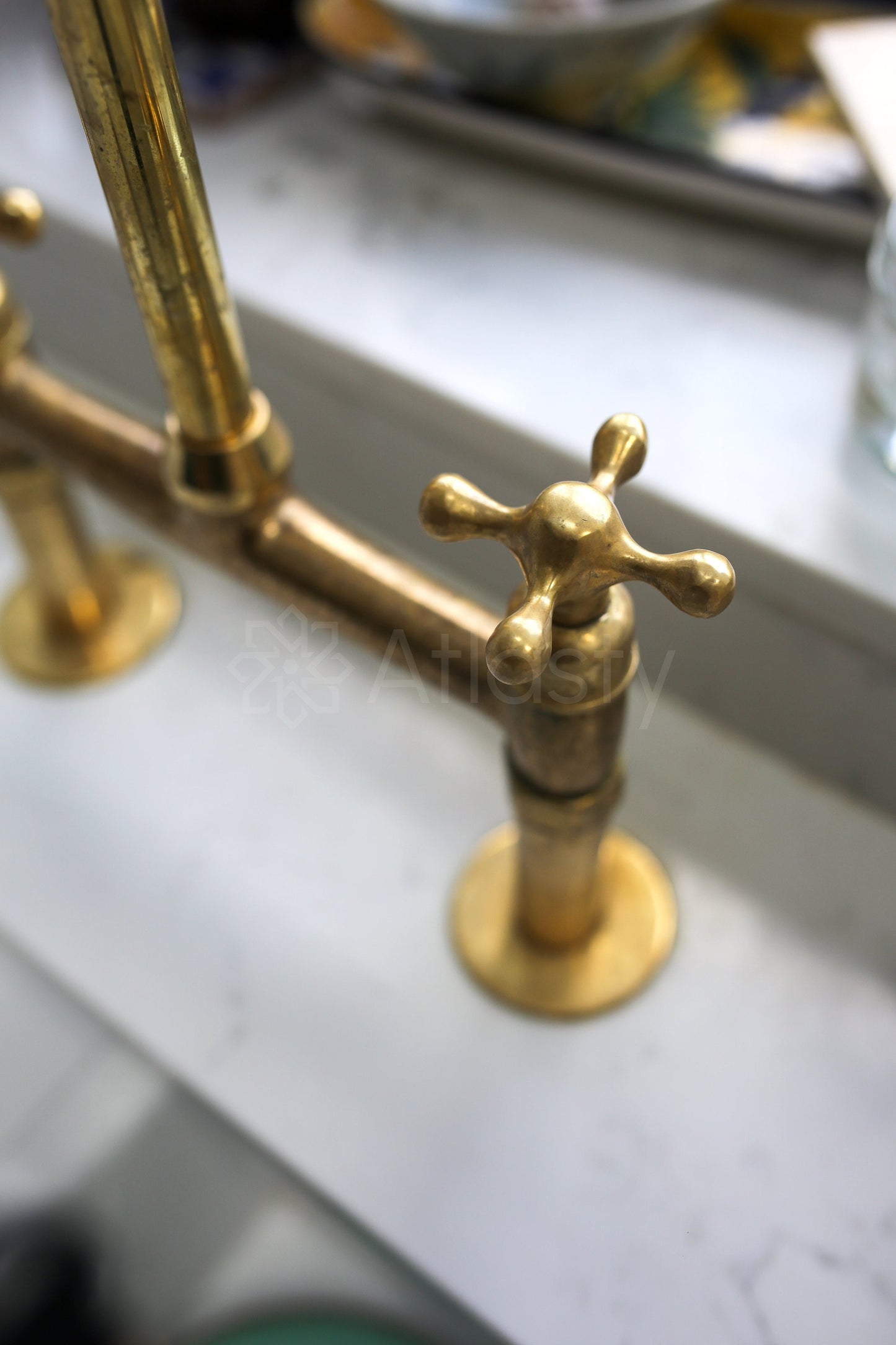 Unlacquered Brass Bridge Kitchen Faucet with Sprayer, and Cross Handles - Ref: APC-86