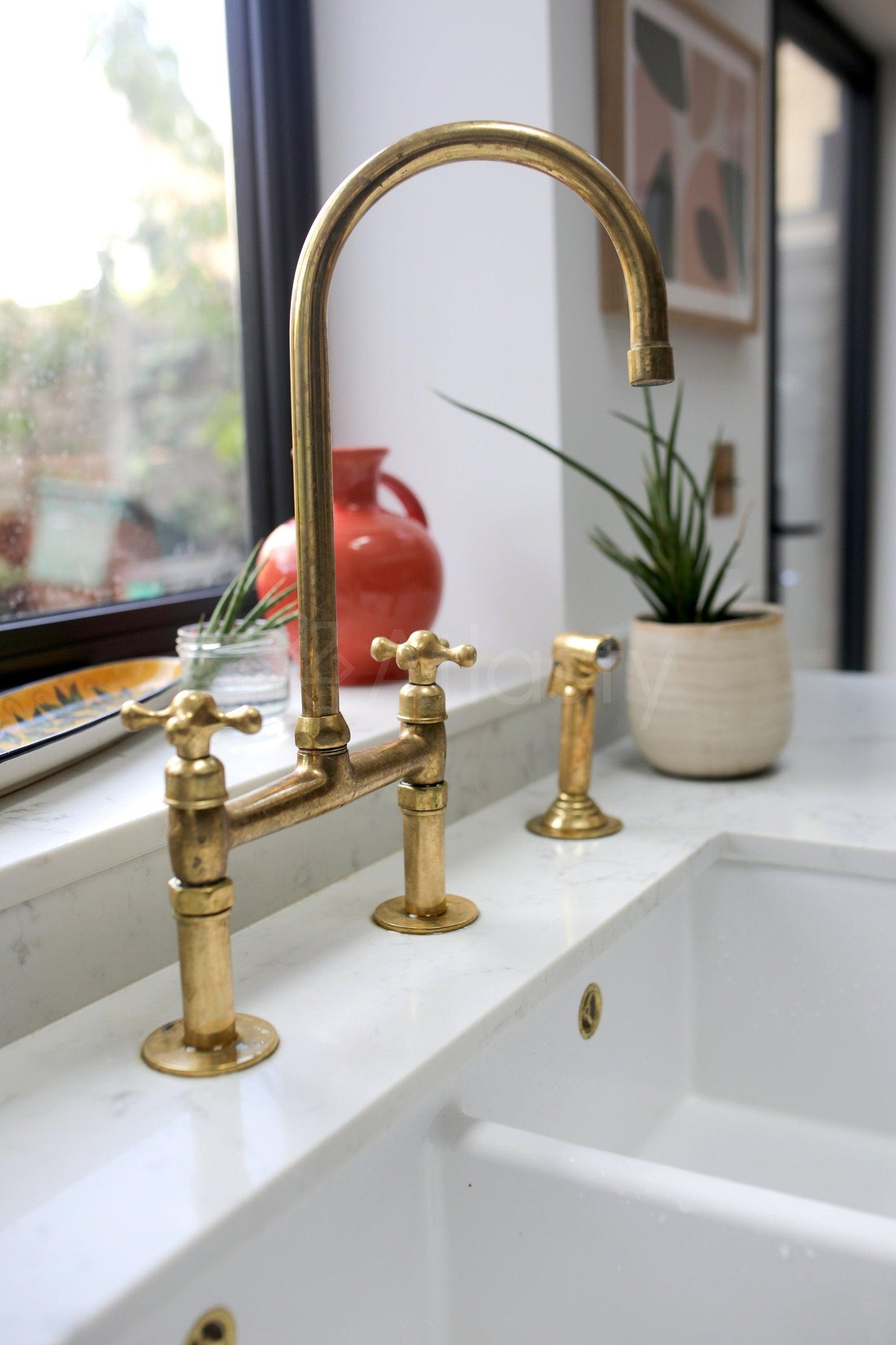 Unlacquered Brass Bridge Kitchen Faucet with Sprayer, and Cross Handles - Ref: APC-86