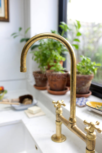 Unlacquered Brass Bridge Kitchen Faucet with Sprayer, and Cross Handles - Ref: APC-86