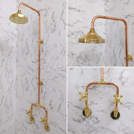 Antique Brass Shower System with Round Shower Head, and 2 Handles - Ref: ATLASS22