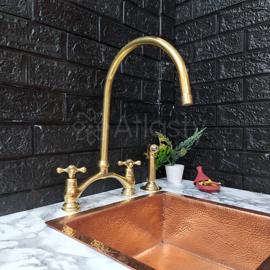 Unlacquered Brass Bridge Kitchen Faucet with Sprayer, Cold Water Tap, and Cross Handles - Ref: APC-89