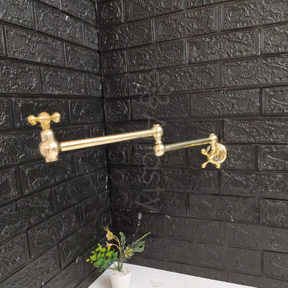 Wall Mount Pot Filler Kitchen Faucet, Unlacquered Solid Brass Pot Filler Kitchen Faucet with Cross Handle , Antique Brass