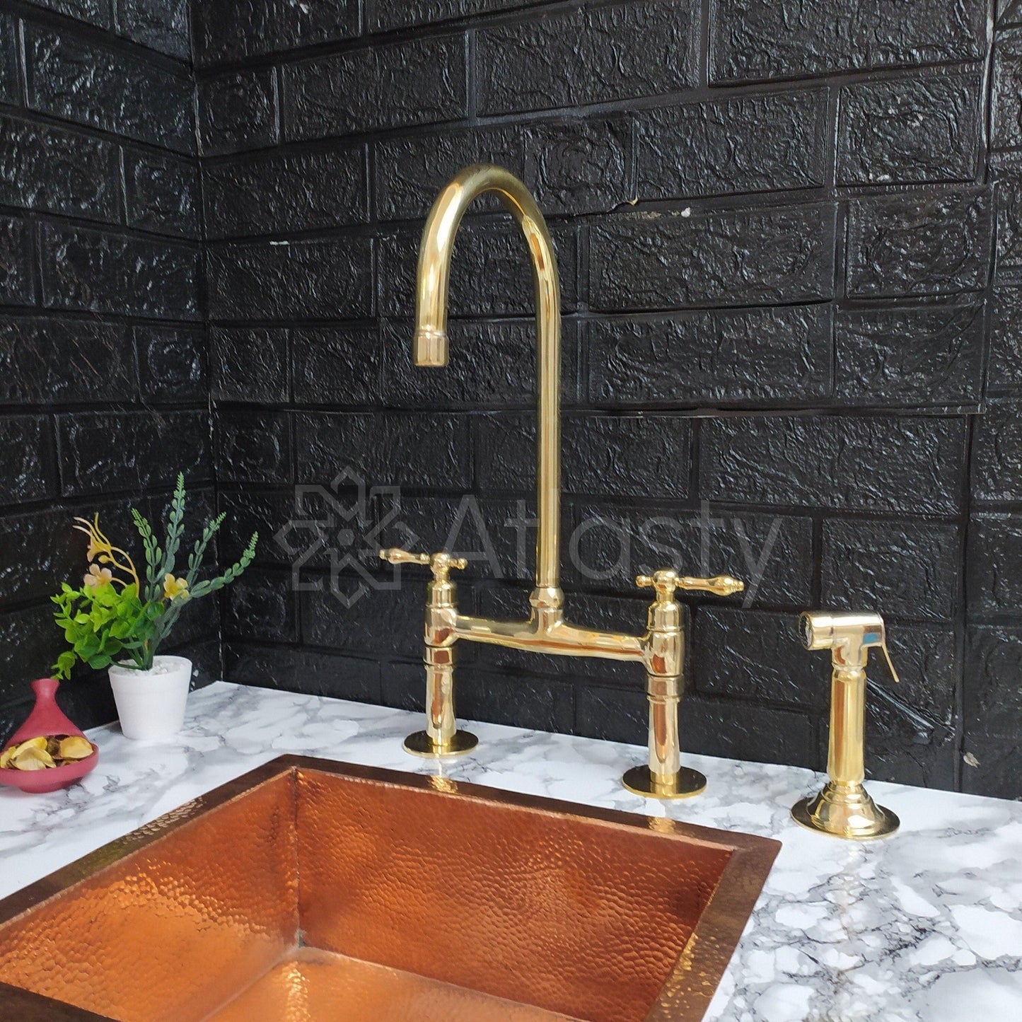 Unlacquered Brass Bridge Kitchen Faucet with Sprayer,  and Lever Handles - Ref: APL-98