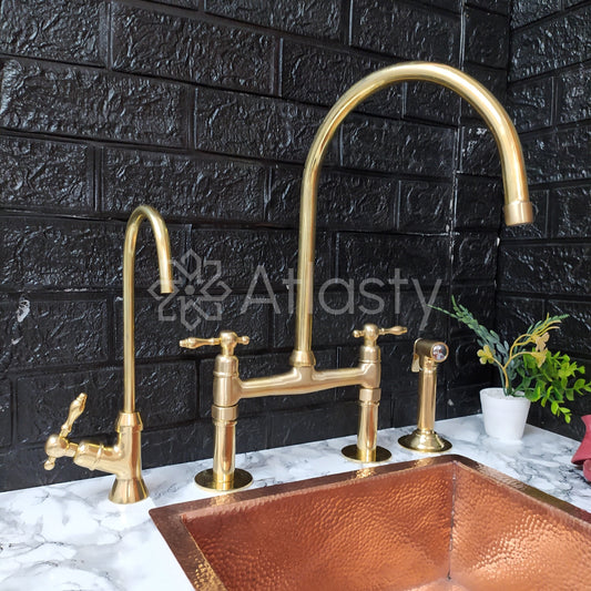 Unlacquered Brass Bridge Kitchen Faucet with Sprayer, Cold Water Tap, and Cross Handles - Ref: APL-3