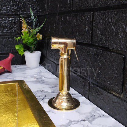 Unlacquered Brass Bridge Kitchen Faucet with Sprayer,  and Lever Handles - Ref: APL-98